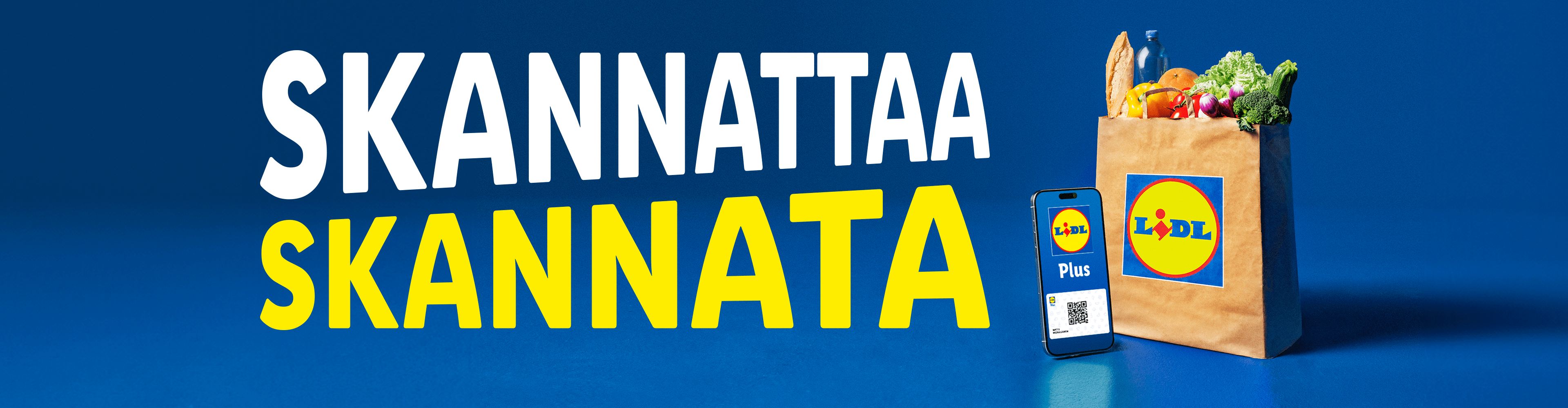 Lidl-ostoskassi täynnä ruokaa ja puhelin, jossa on Lidl Plus -sovellus, tekstillä 'SKANNATTAA SKANNATA'.