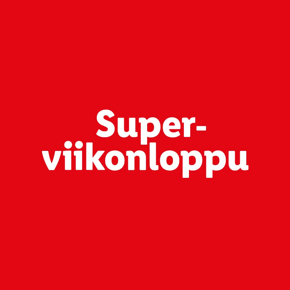 Valkoinen teksti 'Super-viikonloppu' punaisella taustalla.