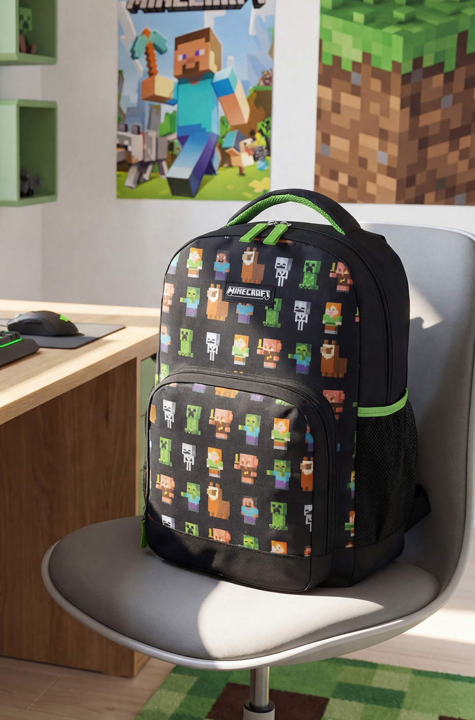 Musta reppu, jossa on pikselihahmoja, tuolilla Minecraft-aiheisessa huoneessa.